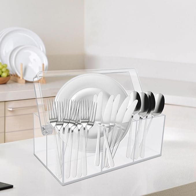 Acrylic Utensil Holder,Silverware Organizer for Countertop,Kitchen Table,Buffet & Picnic Party,Heavy-Duty Cutlery Caddy for Spoons, Forks,Knives & Napkins,Space-Saving Indoor Outdoor Essential