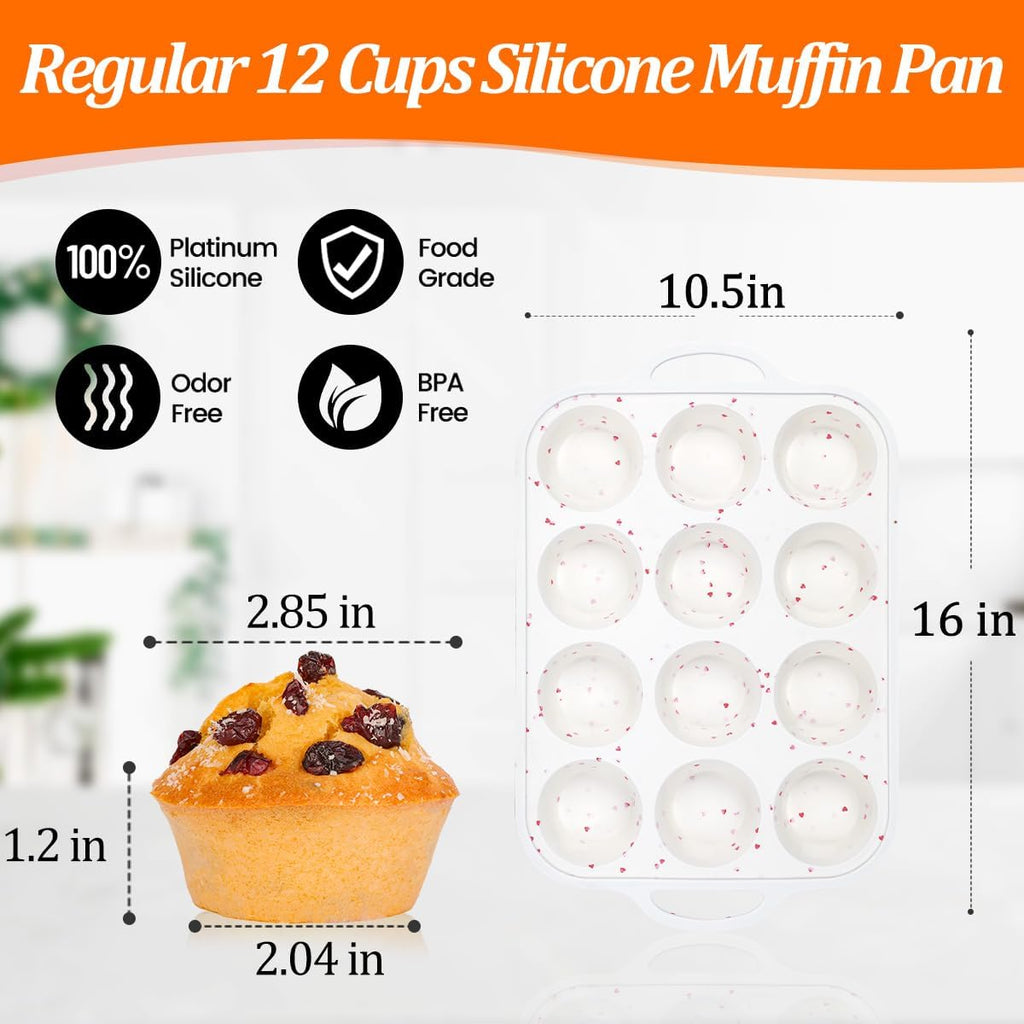 CAKETIME Silicone Muffin Pan, Metal Reinforced Frame Silicone Cupcake Pan Easy to Handle 12 Cups for Valentine's Day Baking Nonstick Regular Size Muffin Tin 1 Pack Love Heart
