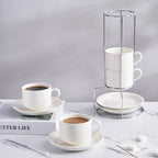 8 Ounce Porcelain Cappuccino Cups with Saucers and Silver Stand, White Cups Set of 4