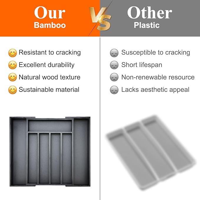 Expandable Bamboo Kitchen Drawer Organizer Utensil Tray Black Wood Silverware Organizer Adjustable Wooden Cutlery Tray for Fork Spoon Organizer Large Cooking Utensil Holder Drawer Flatware Organizer