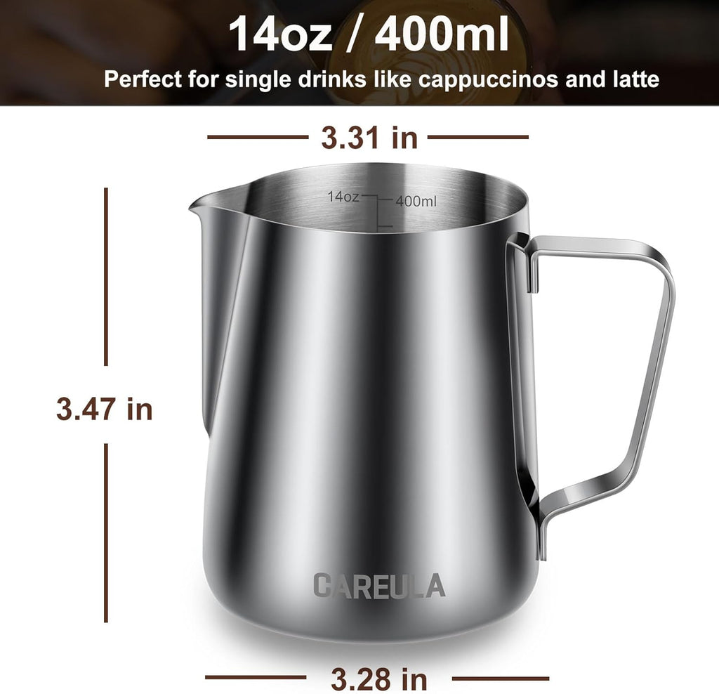 Milk Frothing Pitcher, 14oz 400ml Stainless Steel Milk Frother Cup Steaming Pitcher, Coffee Bar Cappuccino Espresso Machine Accessories Barista Tools, Metal Milk Jug with Latte Art Pen
