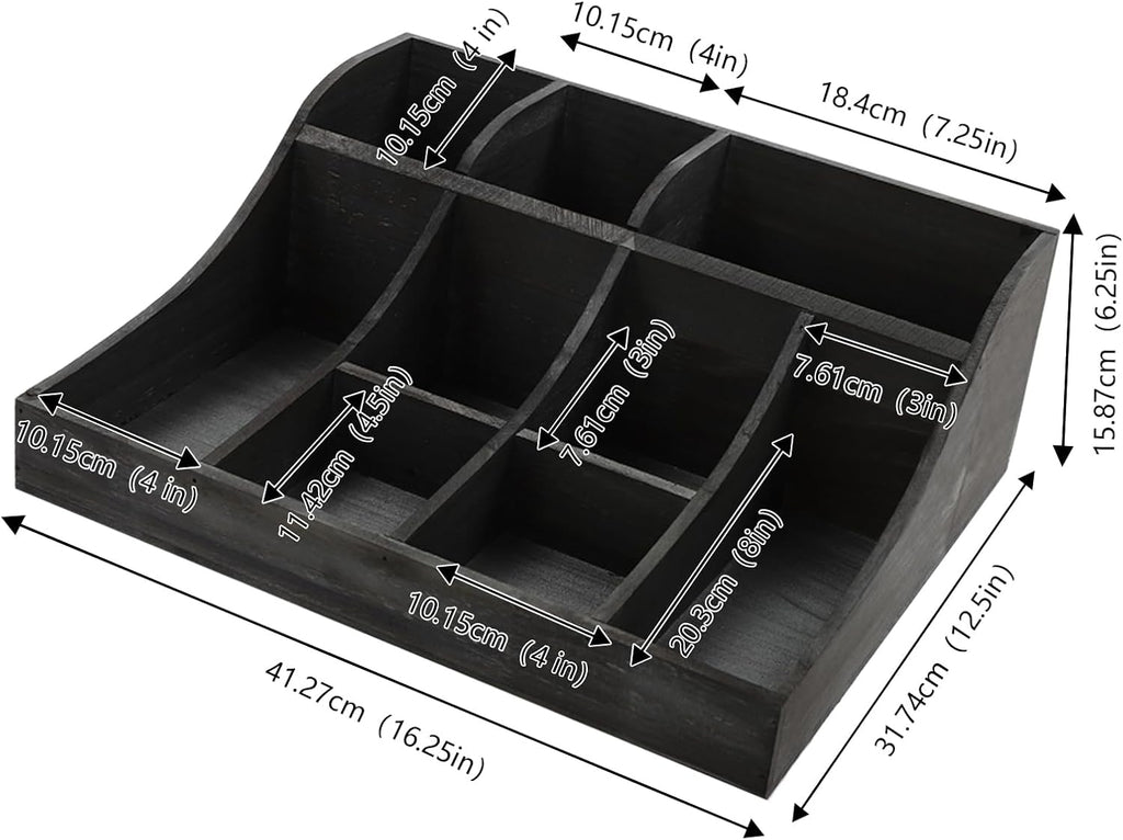 Coffee Bar Organizer for Countertop, Wooden Condiment Organizer Coffee Station Organizer Coffee Cup Syrup Pod Holder, Coffee Bar Organizer for Home Office Cafe, 9 Compartment, Black