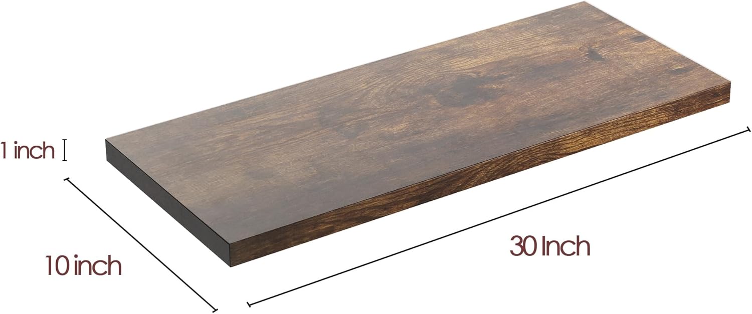 Wall Shelf Set of 1, Rustic Brown Floating Shelves 30 in W x 10 in D x 1 in H, Wooden Floating Wall Shelf with Invisible Brackets for Living Room/Bedroom/Bathroom/Kitchen Storage and Decor