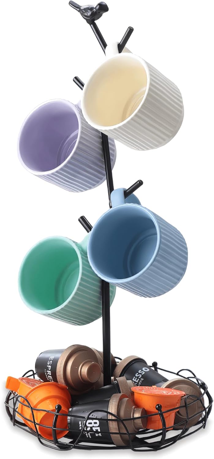 Coffee Mug Holder for Countertop, Mug Tree with Bird's Nest Storage Basket, Holds 4 Large Mugs (20oz Compatible), Whimsical Kitchen Decor, Coffee Bar Accessories (Black)