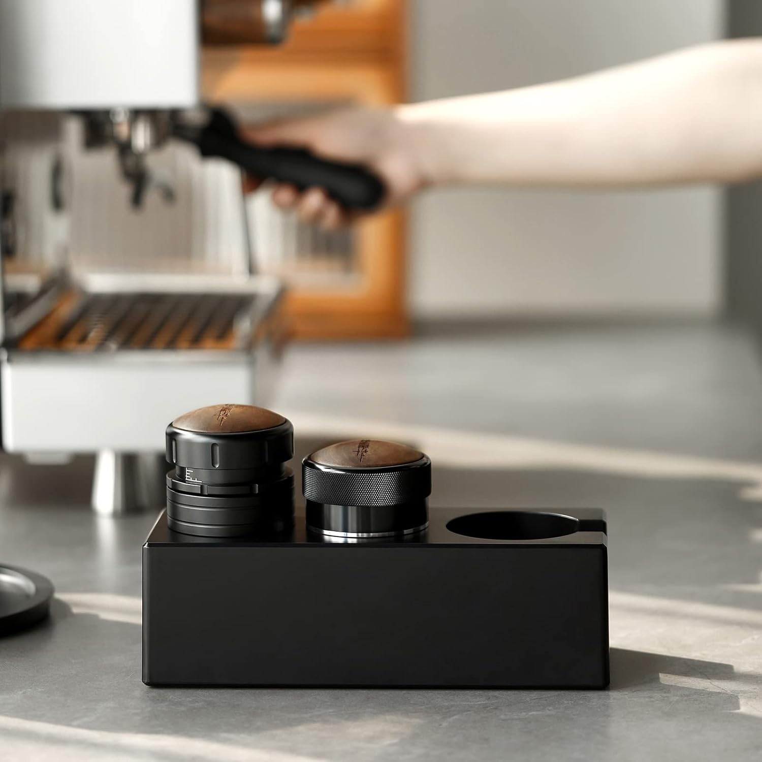 MHW-3BOMBER Espresso Tamping Station, 4 in 1 Tamper Station for Storage 51-58mm Portafilter, Distributor and Espresso Accessories,ABS Portafilter Holder,Black,CH6719