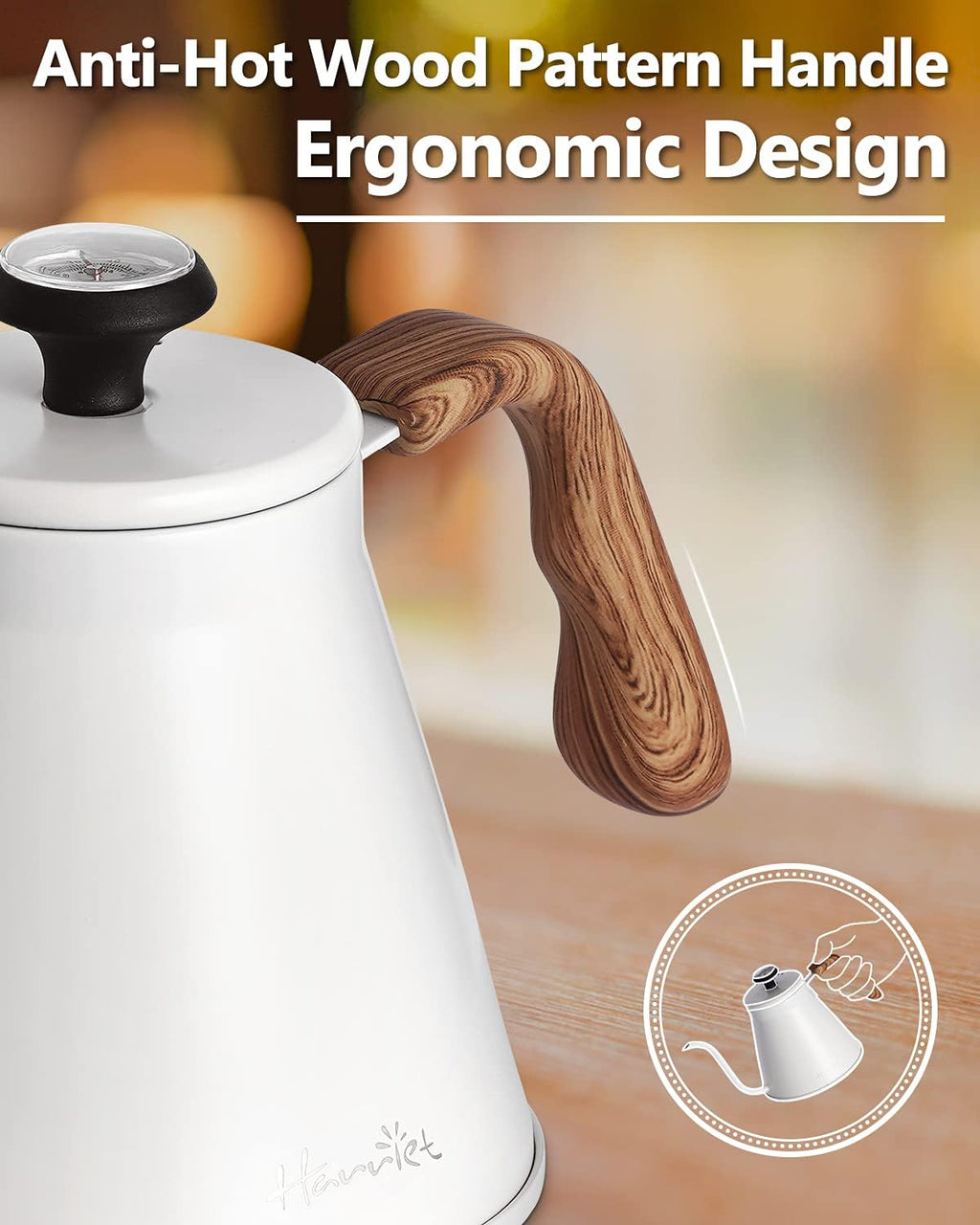 Harriet Gooseneck Kettle with Thermometer for Pour Over Coffee and Tea, 37 fl oz, Stainless Steel, Durable 3-Layer Base, Ideal Spout for Precision Pouring, Compatible with all Stove Tops, White