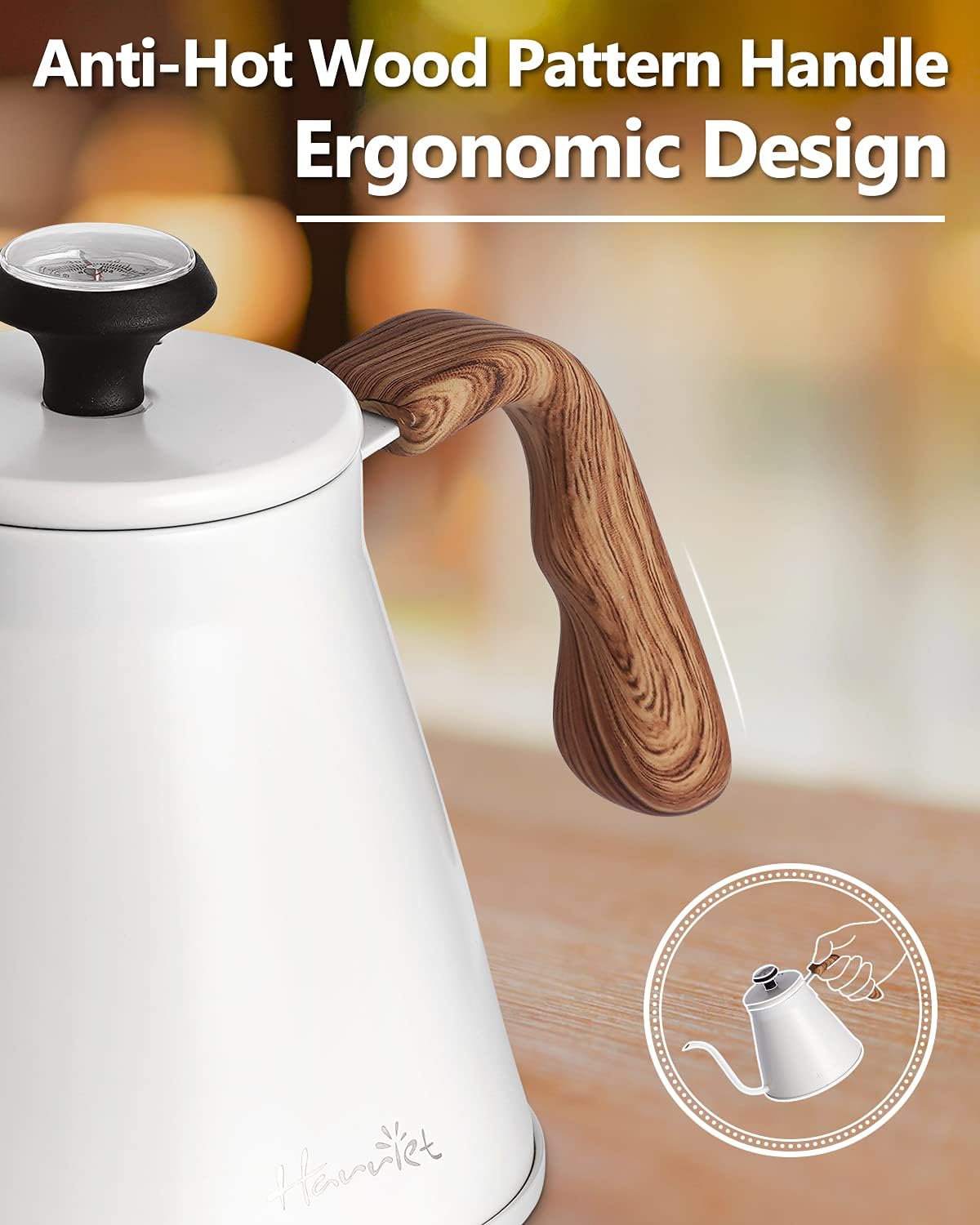 Harriet Gooseneck Kettle with Thermometer for Pour Over Coffee and Tea, 37 fl oz, Stainless Steel, Durable 3-Layer Base, Ideal Spout for Precision Pouring, Compatible with all Stove Tops, White