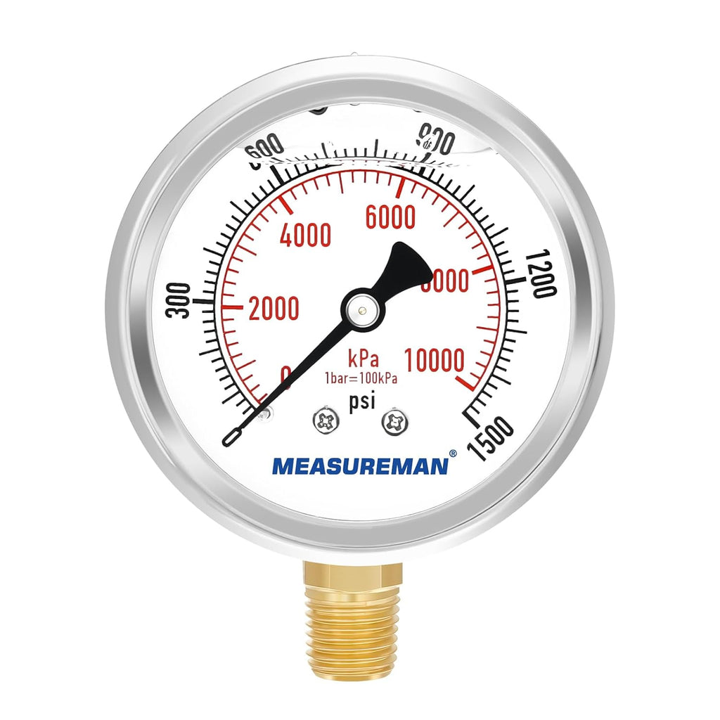 MEASUREMAN 2-1/2" Dial Size, Glycerin Filled Pressure Gauge, 0-1500psi/kpa, 304 Stainless Steel Case, 1/4" NPT Lower Mount