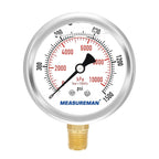 MEASUREMAN 2-1/2" Dial Size, Glycerin Filled Pressure Gauge, 0-1500psi/kpa, 304 Stainless Steel Case, 1/4" NPT Lower Mount