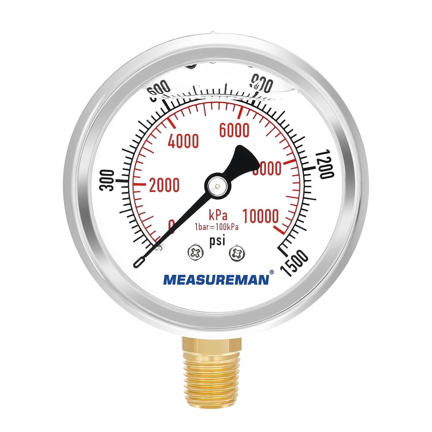 MEASUREMAN 2-1/2" Dial Size, Glycerin Filled Pressure Gauge, 0-1500psi/kpa, 304 Stainless Steel Case, 1/4" NPT Lower Mount