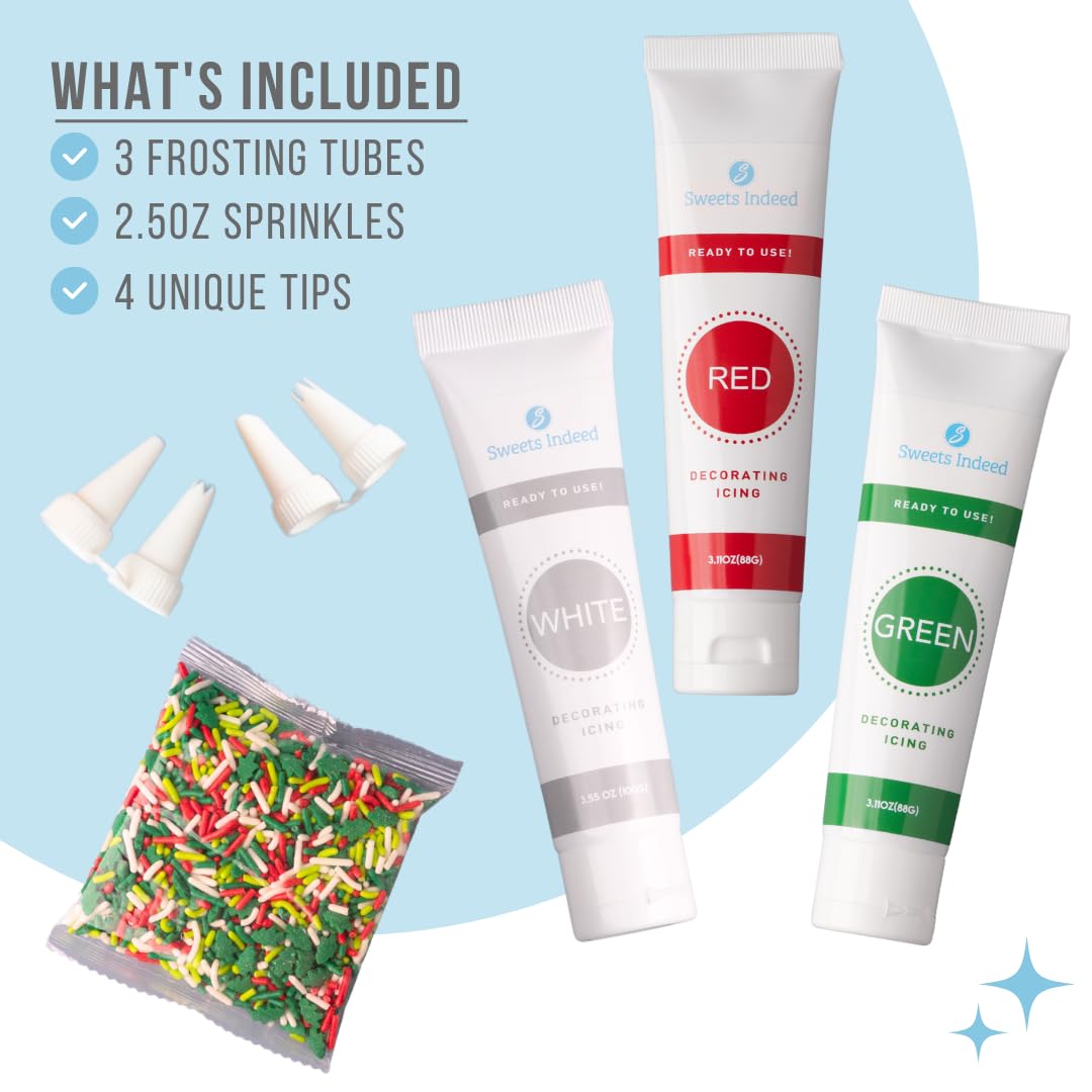 Sweets Indeed Frosting Kit plus Sprinkles Frosting Tubes nozzles 11.71 ounces Perfect for baking and cookie decoarting (Christmas)