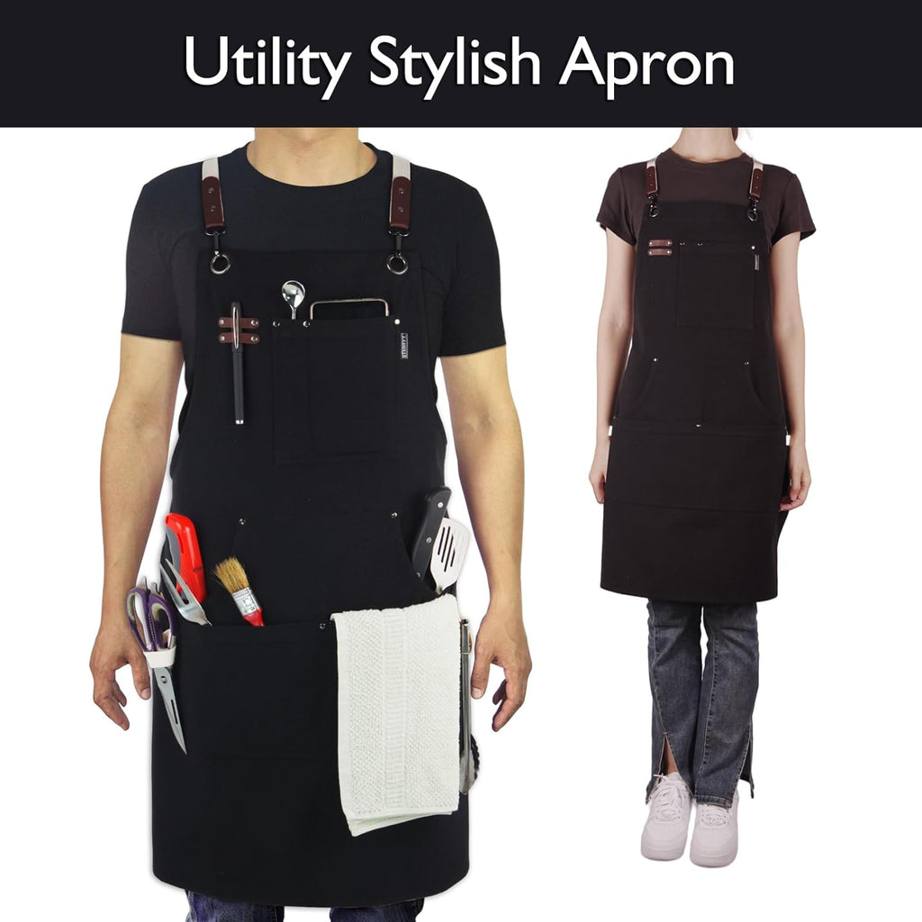 10 Pack Kitchen Aprons, Work Apron, Canvas, Multiple Pockets, Gardening, Painting, BBQ, Artist, Carpenter, Sizes M to XXL, Black