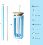 Kodrine 20oz Glass Water Tumbler with Straw and Lid, Bamboo Lids Water Bottle, Iced Coffee Cup Reusable, Wide Mouth Smoothie Cups with Protective Silicone Sleeve BPA FREE-Light Blue