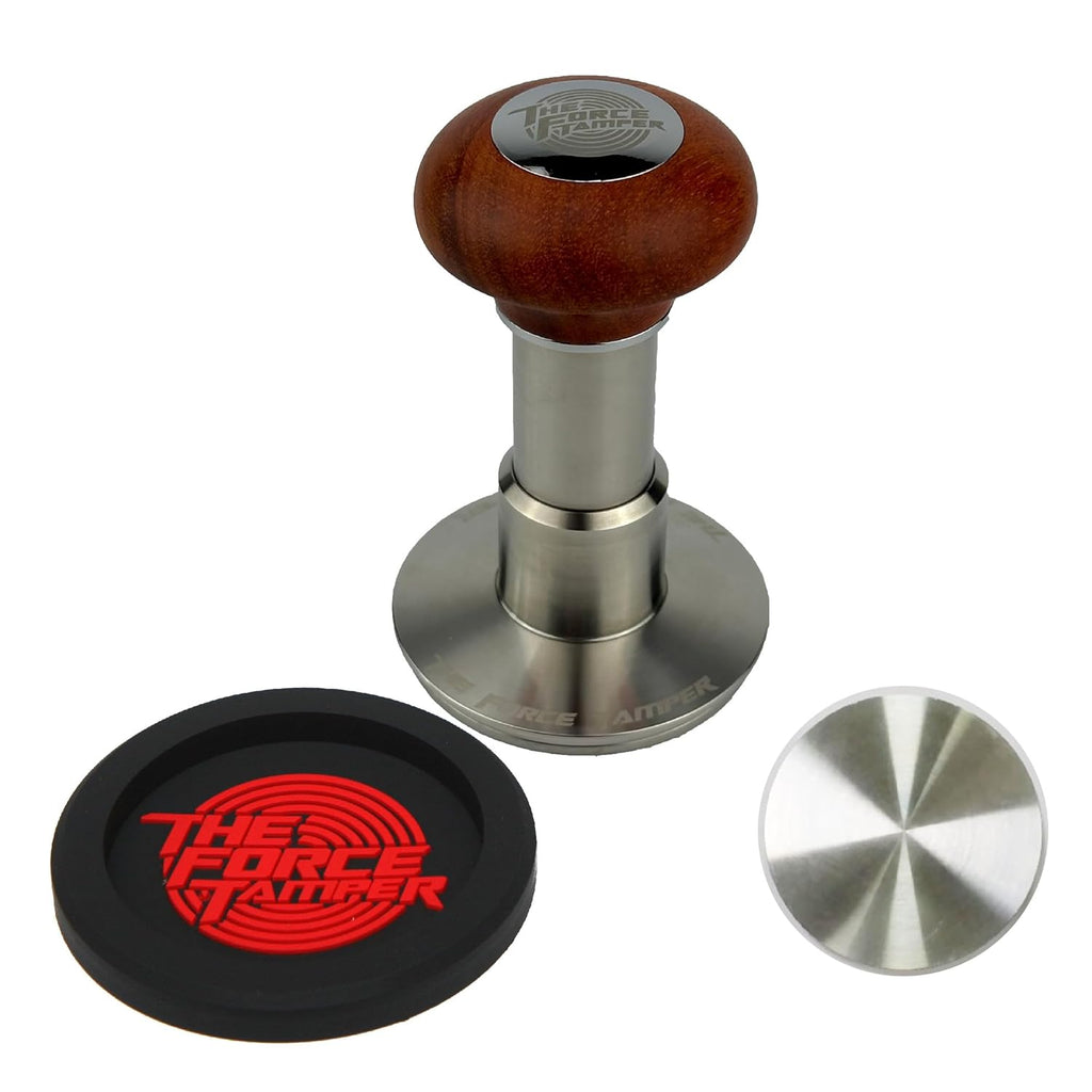 The Force Tamper Automatic Impact Adjustable Constant Pressure and Autoleveling Coffee Tamper Reddish Brown Jellyfish Wooden Handle Set Pro (Standard Set, 58.50mm)