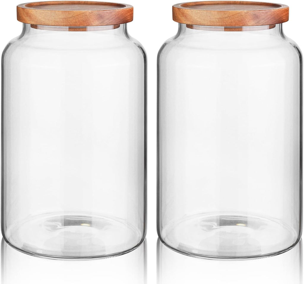Labina Glass Storage Container Airtight Food Jars Kitchen Canister with Wood Lids, 88 Oz Wide Mouth Pantry Organization Glass Jar for Flour, Sugar, Cookie, Spagetti, Nuts and Candy (2 Pack)