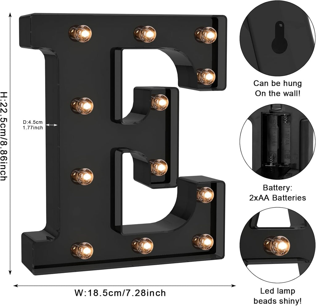 Foaky Black LED Letter Lights for Room Decor - Bedroom Wall Decor, Alphabet Lights for Home, Wedding, Party - Battery Operated （E）