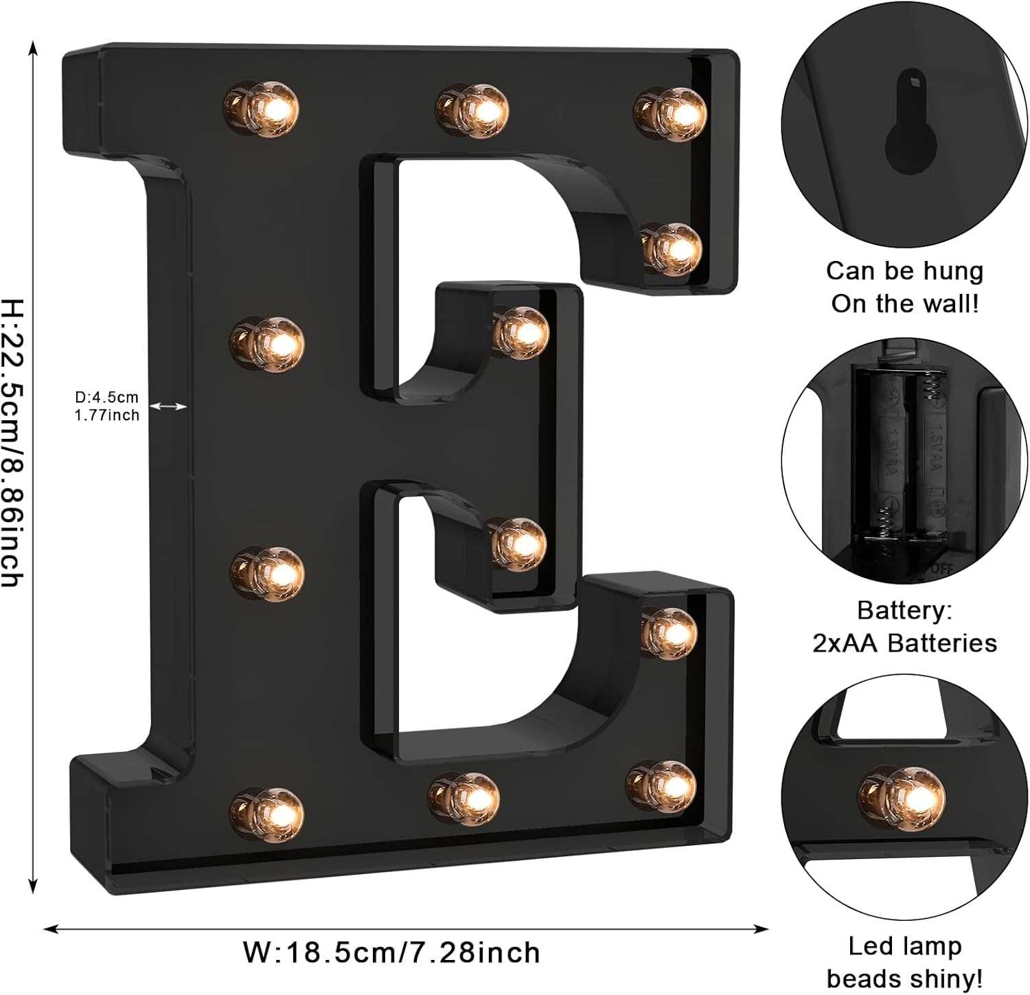 Foaky Black LED Letter Lights for Room Decor - Bedroom Wall Decor, Alphabet Lights for Home, Wedding, Party - Battery Operated （E）