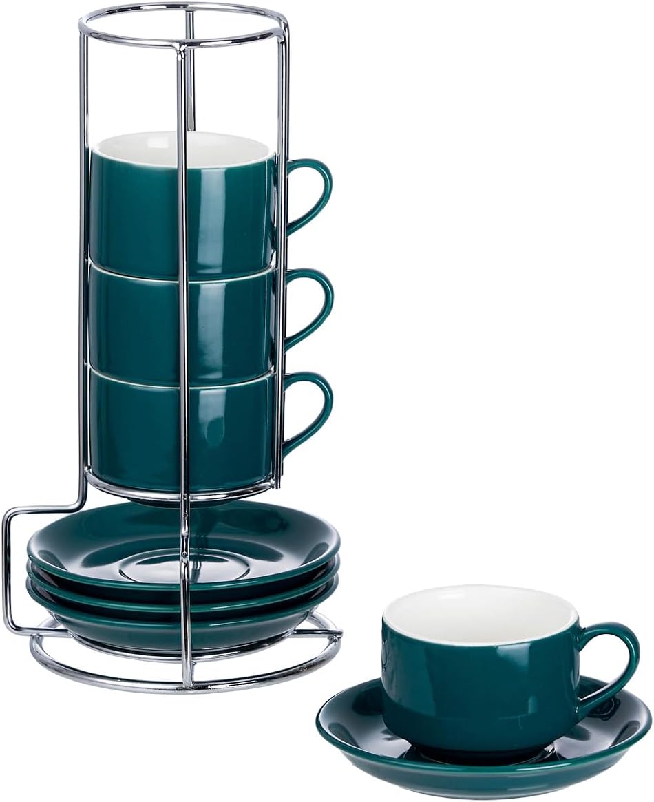 2.5 Ounce Porcelain Espresso Cups with Saucers and Silver Stand, Blackish Green Stackable Cups Set of 4