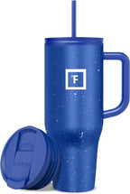IRON °FLASK Co-Pilot Insulated Mug w/Straw & Flip Cap Lids - Cup Holder Bottle for Hot, Cold Drink - Leak-Proof- Water, Coffee Portable Travel Tumbler - Cobalt Blue Speckle, 40 Oz