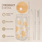 Gingerbread Christmas 16oz Can Glass Tumbler with Bamboo Lid & Straw - Iced Coffee Cup for Women Girls, Aesthetic Cups Gifts for Xmas