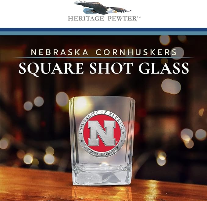 Heritage Pewter Nebraska Square Shot Glass | Hand-Sculpted 1.5 Ounce Shot Glass | Intricately Crafted Metal Pewter Alma Mater Inlay