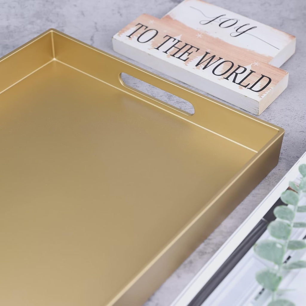 Gold Serving Tray for Coffee Table, Rectangular Plastic Decorative Tray with Handles for Entertaining, Outdoor Patio, Living Room, Ottoman, Bathroom Counter, 11.8”*15.7”*1.6”