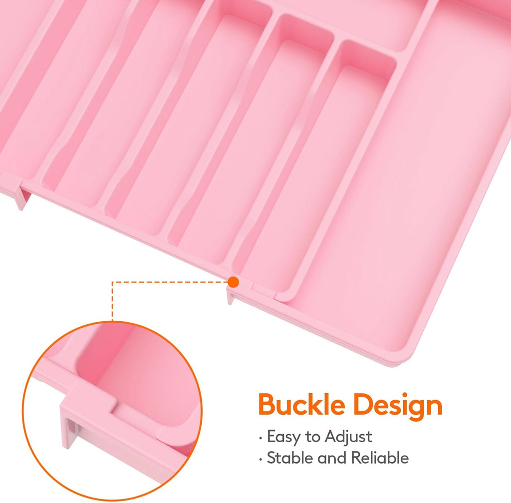 Lifewit Silverware Drawer Organizer, Expandable Utensil Tray for Kitchen, BPA Free Flatware and Cutlery Holder, Adjustable Plastic Storage for Spoons Forks Knives, Large, Pink