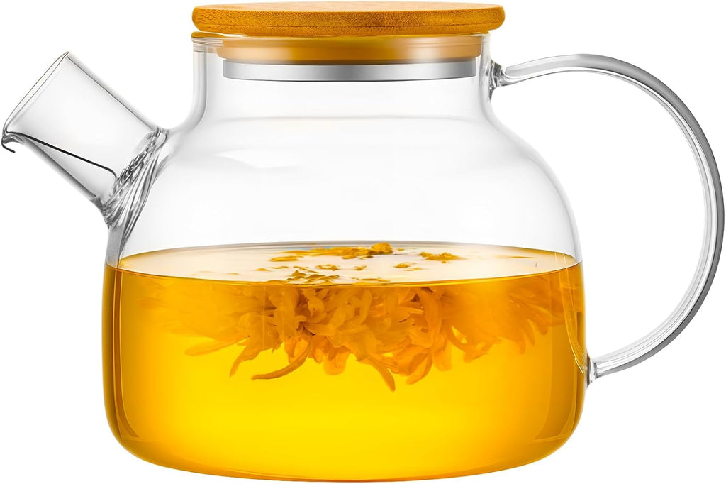 PARACITY Glass Teapot Stovetop 34 OZ, Borosilicate Clear Tea Kettle with Removable 18/8 Stainless Steel Infuser, Teapot Blooming and Loose Leaf Tea Maker Tea Brewer for Camping, Travel