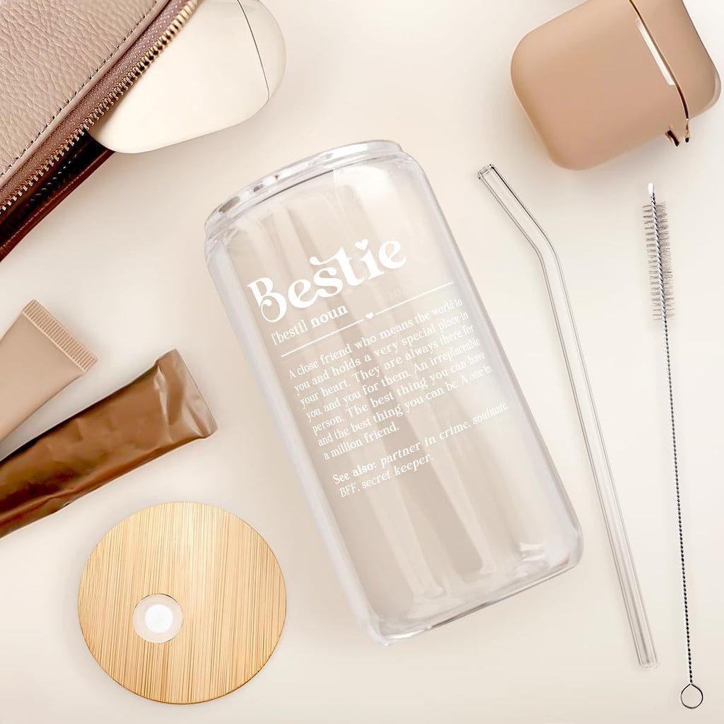 SANDJEST Best Friend Glass Can, Besties Definition Cup with Lid & Straw, Iced Coffee Aesthetic Cups, Gift for Christmas Birthday Mother Day, Gifts for Women Friends Sisters, 16oz