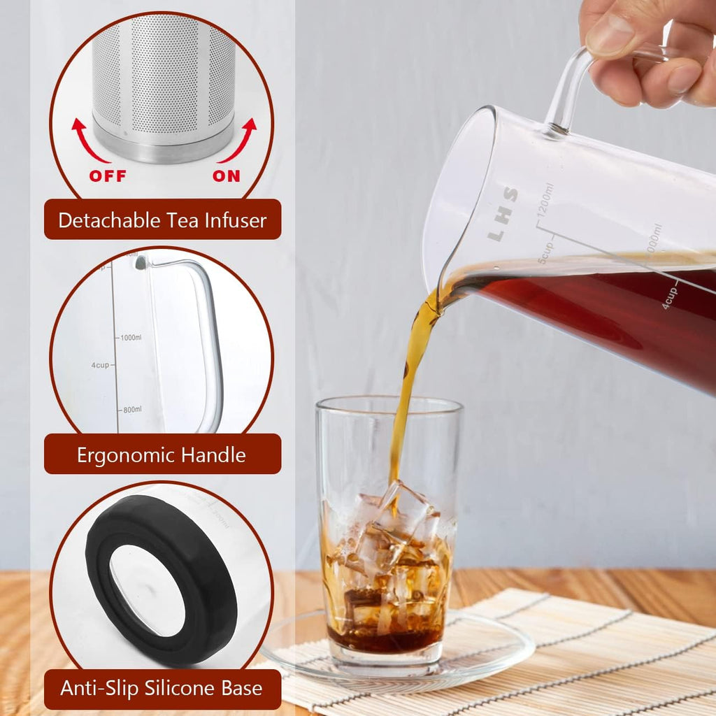 LHS Cold Brew Coffee Maker 2 in 1 Iced Coffee Maker, Glass Pitcher with Lid- 1.2Liter / 40oz, Stainless Steel Filter Removable and BPA-Free Glass Carafe for Iced Coffee, Cold Brew Tea, Juice