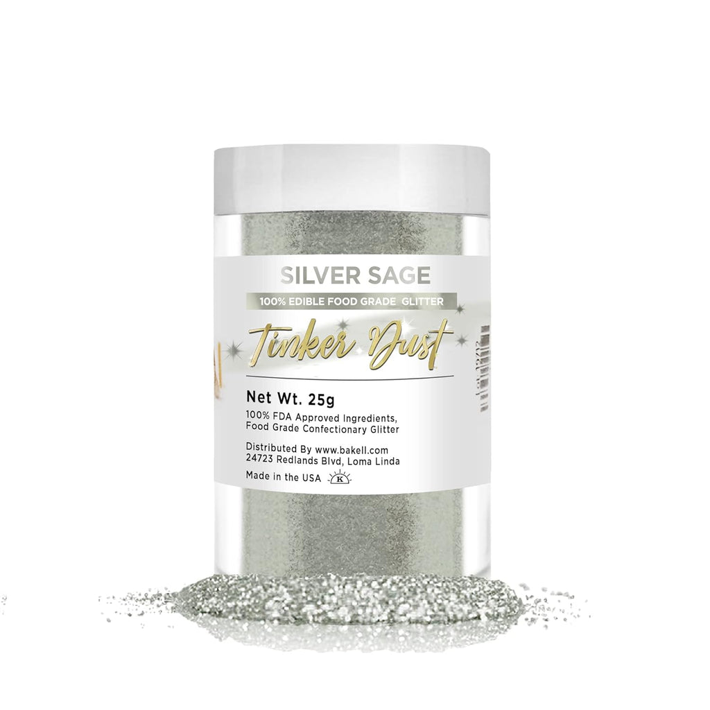 BAKELL Silver Sage Edible Glitter, 25 Grams | TINKER DUST Edible Glitter | KOSHER Certified | 100% Edible Glitter | Cakes, Cupcakes, Cake Pops, Drinks, Dessert Vegan Glitter & Dusts (25g, Silver Sage)