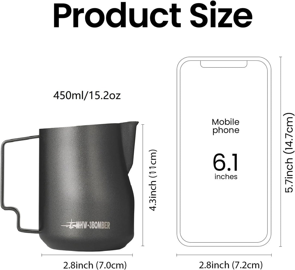 MHW-3BOMBER Milk Frothing Pitcher 450ml/15.2oz Milk Frother Cup Espresso Steaming Pitcher Stainless Steel Milk Frother Cup Barista Latte Art Black Gold - P6016S