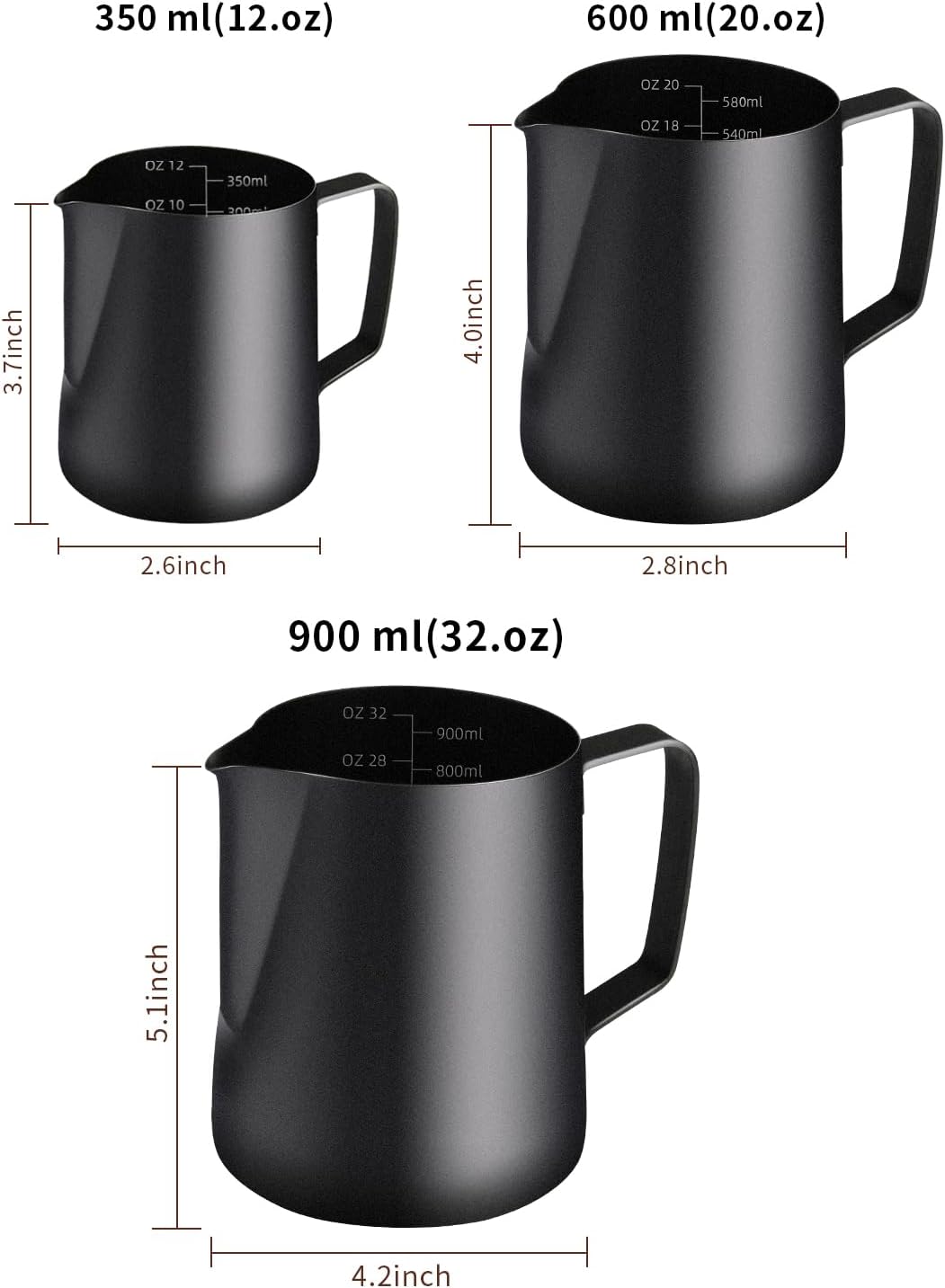 Milk Frothing Pitcher, 20OZ/600ML Stainless Steel Espresso Steaming Pitcher Coffee Milk Frother Cup with Decorating Art Pen for Espresso Machine, Milk Frother, Latte Art Black