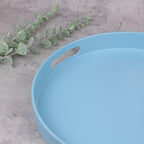 Round Blue Decorative Serving Tray with Handles, 13” Versatile Ottoman Tray for Coffee Table, Entertaining, Outdoor Patio, Living Room