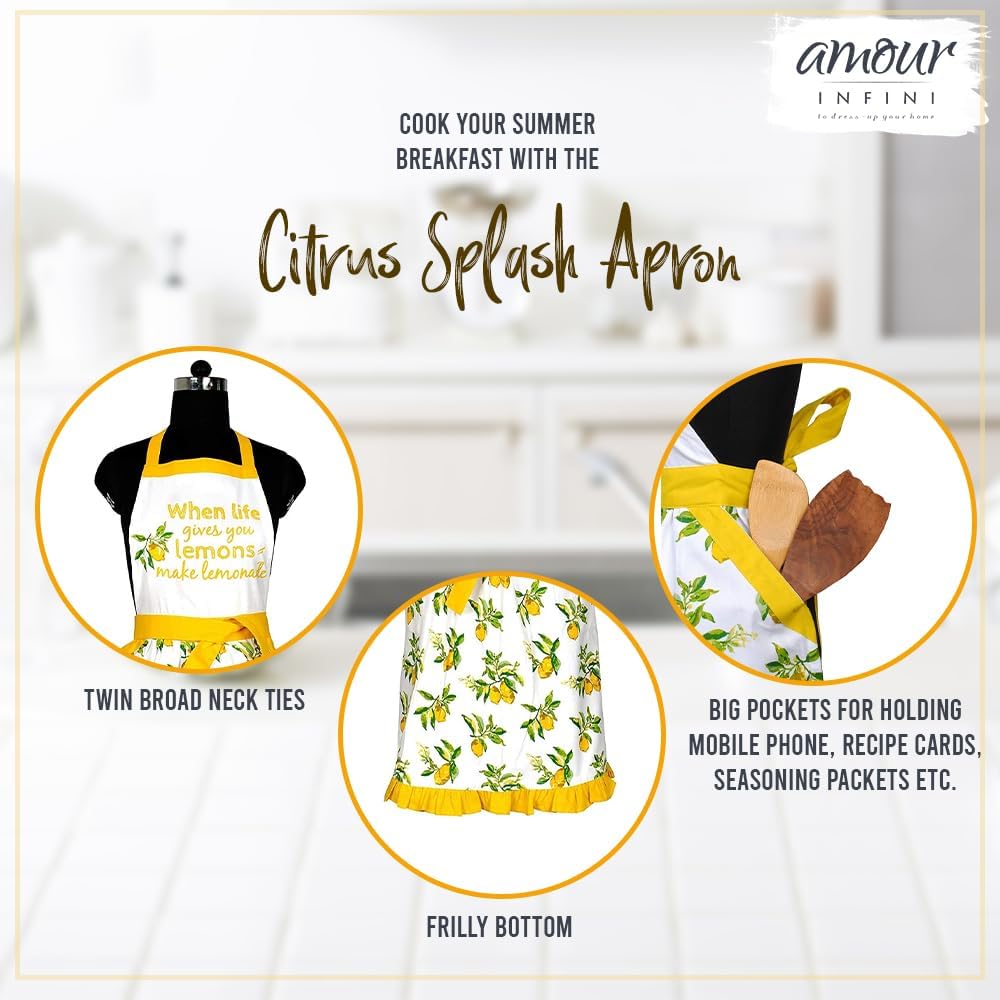 AMOUR INFINI Kitchen Apron for Women with Pockets Cotton Printed Aprons for Baking, Gardening, Painting Reusable and Washable (27.5 x 33 Inches - Citrus Splash)
