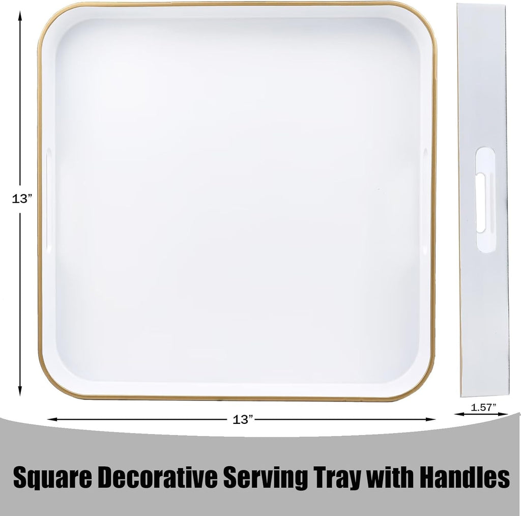 White Square Decorative Tray with Handles, 13"*13" Versatile Serving Tray for Coffee Table, Ottoman, Ideal for Serving, Displaying, Organizing