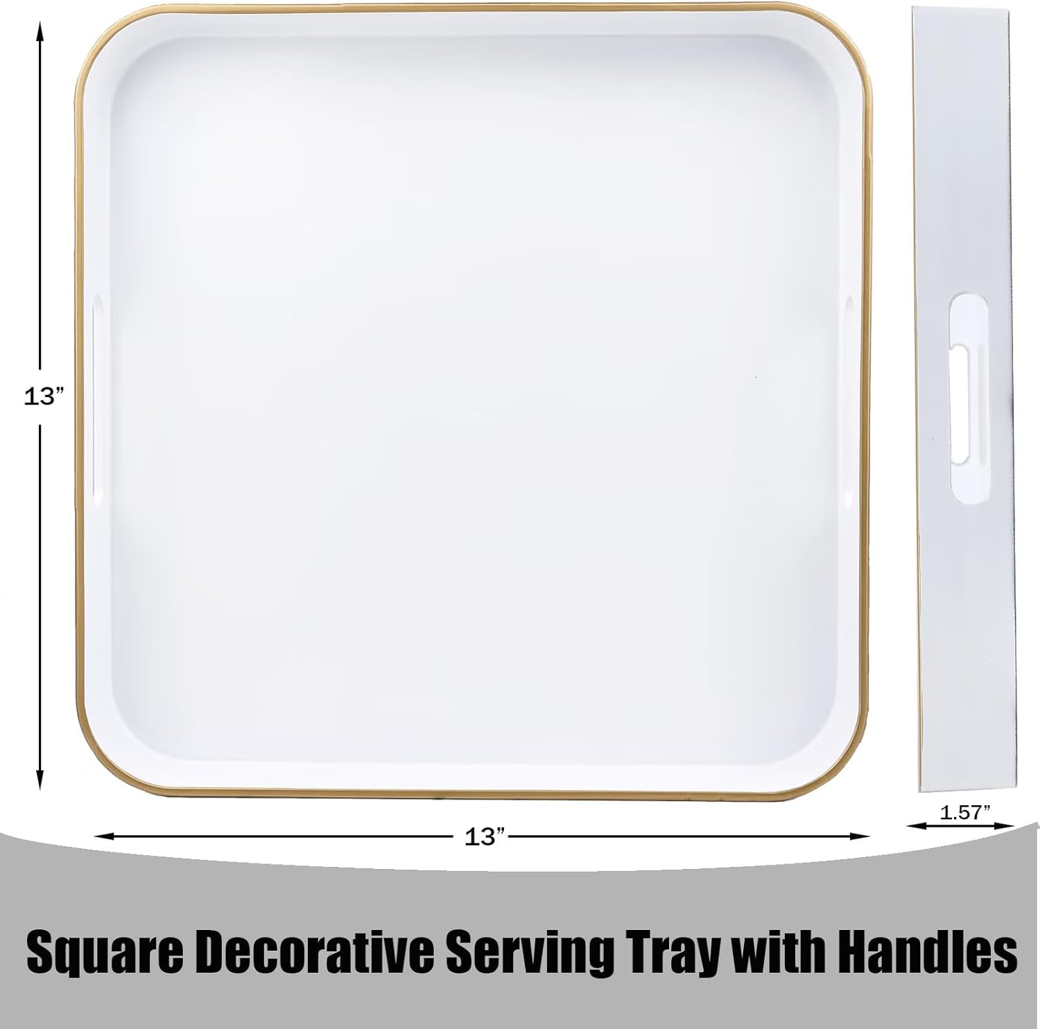 White Square Decorative Tray with Handles, 13"*13" Versatile Serving Tray for Coffee Table, Ottoman, Ideal for Serving, Displaying, Organizing