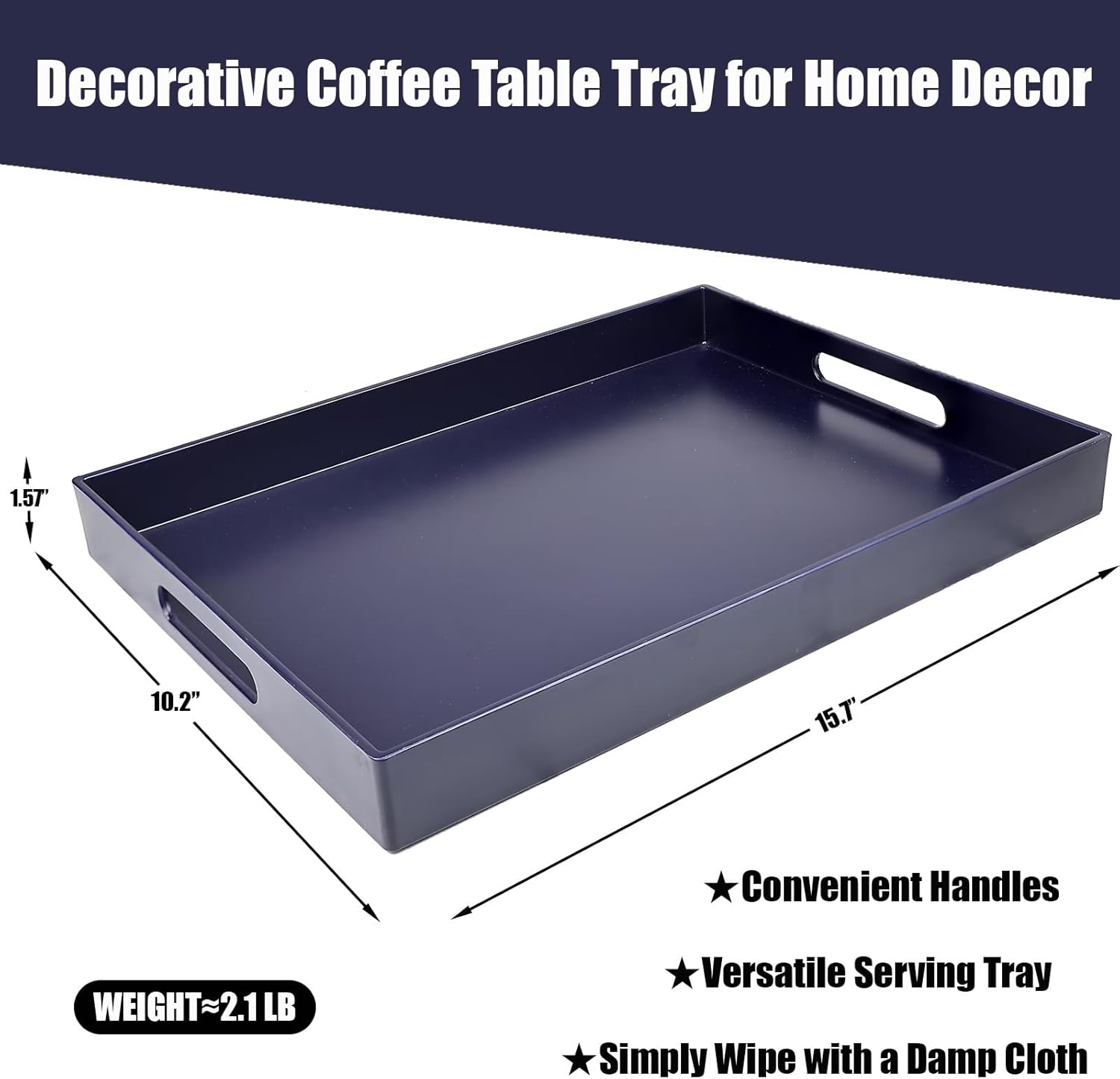 Navy Blue Serving Tray for Coffee Table, Rectangular Plastic Decorative Tray with Handles for Entertaining, Outdoor Patio, Living Room, Ottoman, Bathroom Counter, 11.8”*15.7”*1.6”