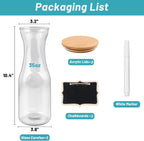 Glass Carafe with Bamboo Lid,35 Oz Beverage Dispensers Carafe,Mimosa Bar Supplies,Juice Bottles, Clear Glass Pitcher with Name Labels for Iced Tea,Coffee,Juice(Pack of 2)