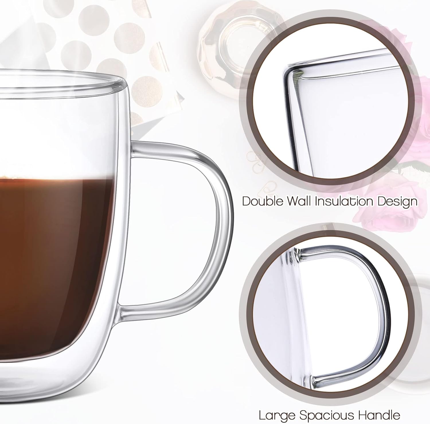 Gerrii Espresso Cups Double Walled Espresso Shot Glass with Handle Cups Insulated Clear Small Shot Glasses for Cappuccino Latte Hot Beverage(8 Pcs,12 oz)