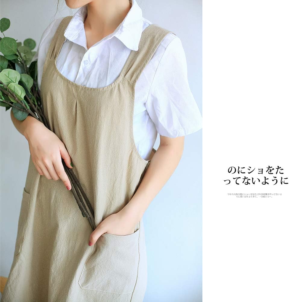 NEWGEM Japanese Linen Cross Back Cooking Aprons for Women Men with Pockets Cute for Baking Kitchen