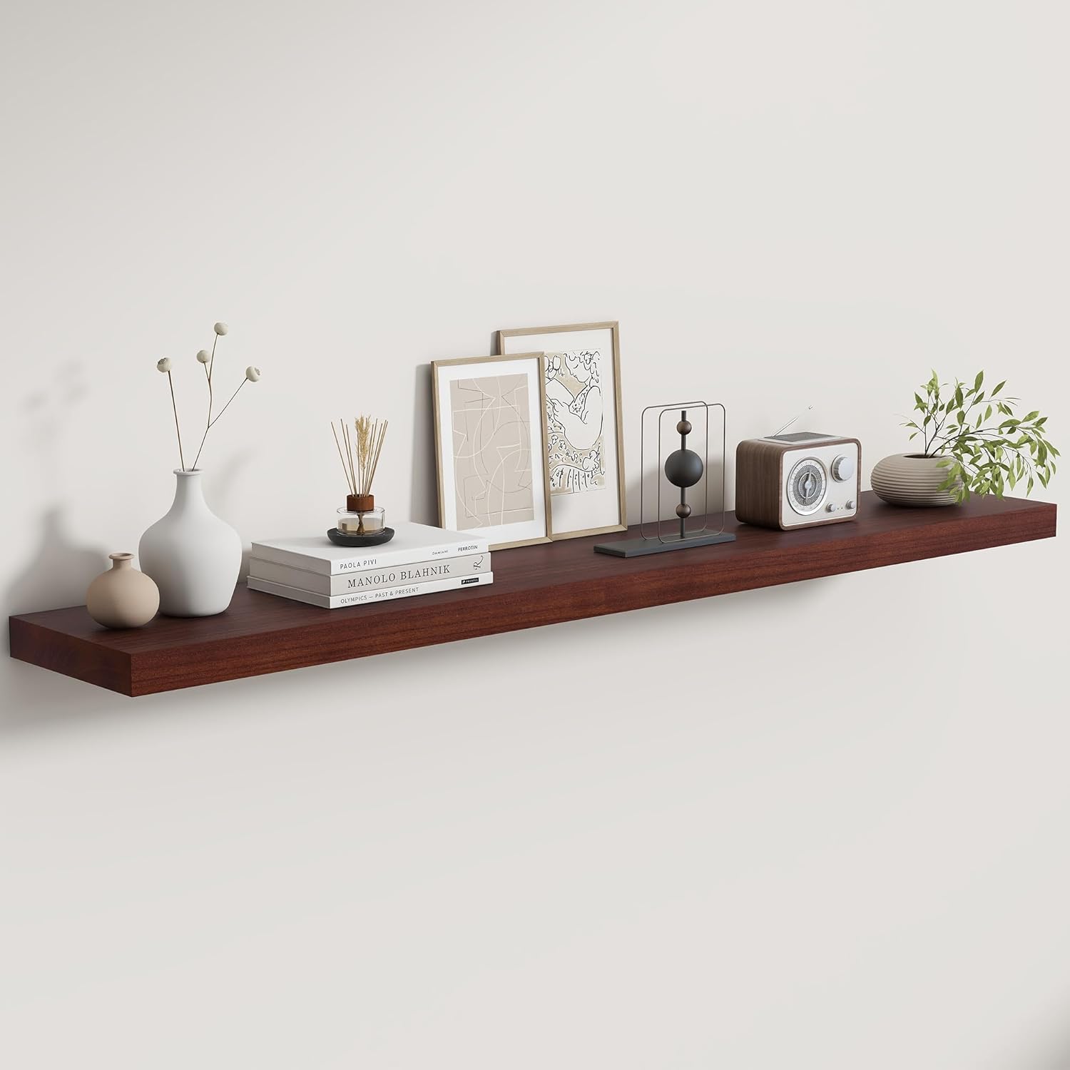 Fun Memories Rustic Real Wood Floating Shelves, 8 Inch Deep Floating Shelf Wall Mounted, 48" W x 8" D Wall Shelves Storage Shelves for Living Room, Bedroom, Bathroom, Red Brown, Set of 1