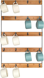 Wall Mounted Coffee Mug Holder, Large 5 Tier Shelf with 20 Hooks for Cups, Rustic Wooden Display Rack for Kitchens, Homes and Bars (Bamboo) ﻿