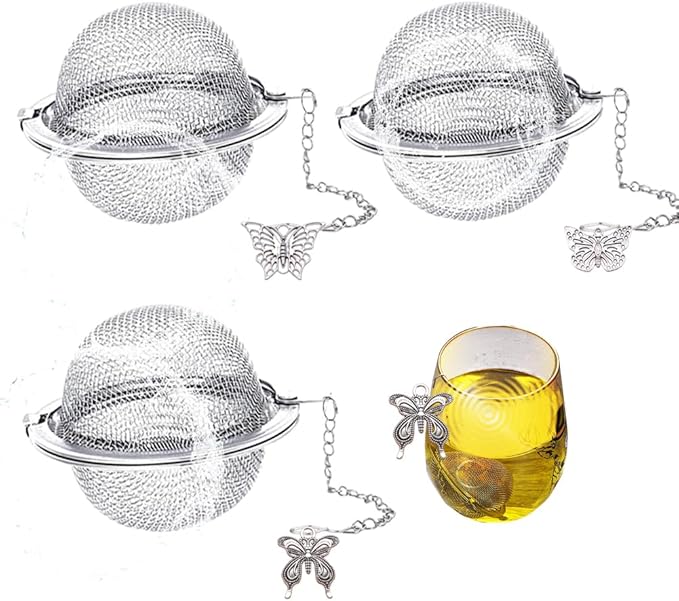 Tea Infusers for Loose Tea 3 Sets Tea Infuser Loose Leaf Tea Steeper Tea Stainless Steel Ball Mesh Tea Strainer Filters with Crtstal Pendant (Metal Butterfly)