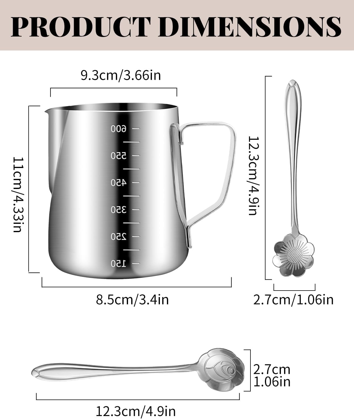 Milk Frothing Pitcher 20oz/600ML with Clear Scale 1PCS, Stainless Steel Cappuccino Espresso Machine Accessories for Barista Coffee Bar Attached Dessert Spoons 2PCS