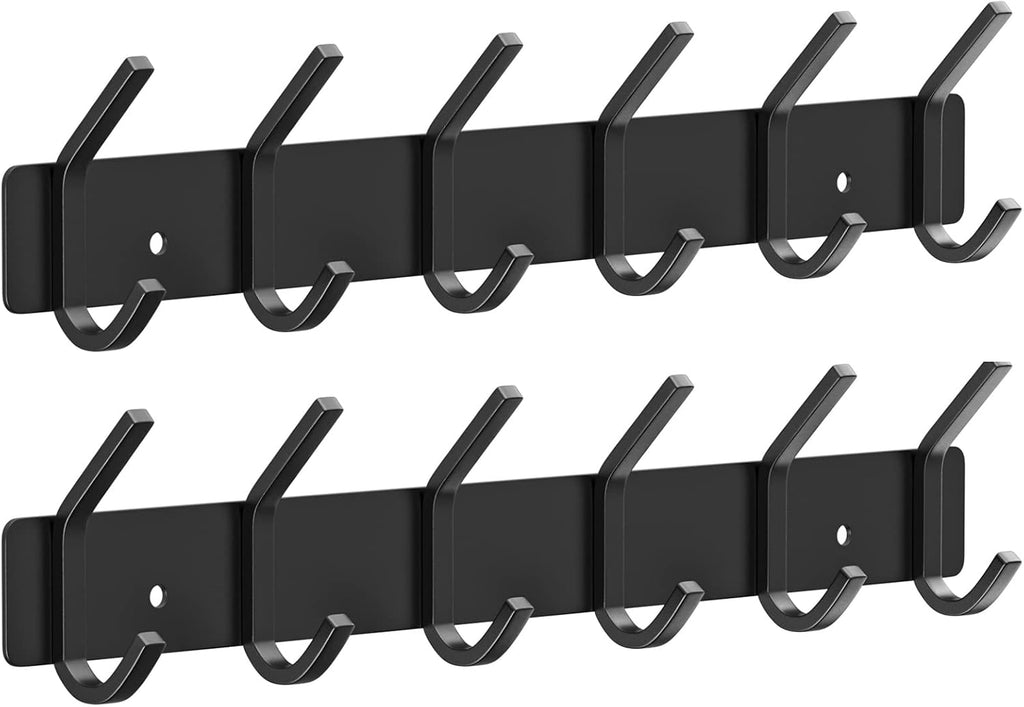 VAEHOLD Wall Hooks Coat Hooks Wall Mounted, Coat Rack with 6 Double Hooks for Hanging Towel Hat Coat Robe Bag Key for Bathroom Kitchen Bedroom 2 Pack