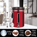 Coffee Canister - Large, Stainless Steel Airtight Coffee Containers with Transparent Window,Date Tracker, CO2-Release Valve and Measuring Scoop for Freshness of Storage Coffee (Red)
