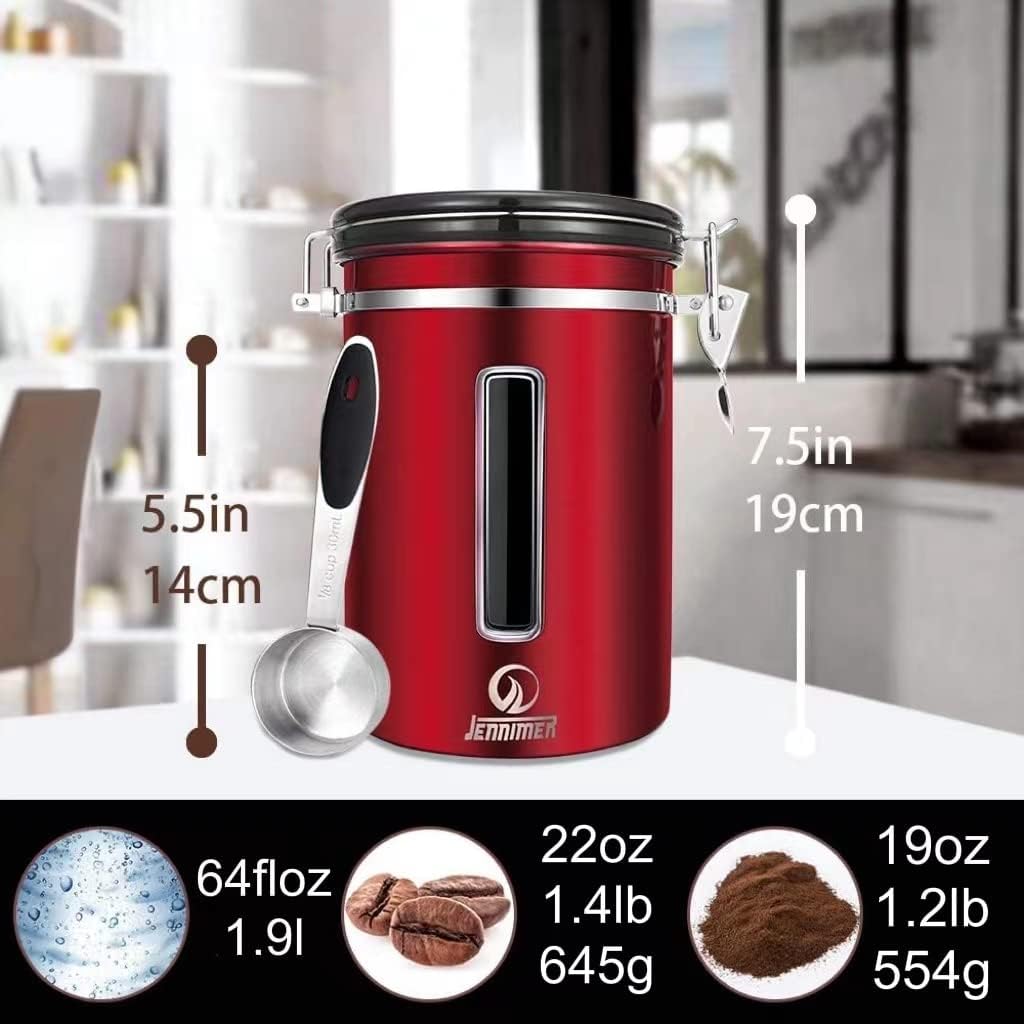 Coffee Canister - Large, Stainless Steel Airtight Coffee Containers with Transparent Window,Date Tracker, CO2-Release Valve and Measuring Scoop for Freshness of Storage Coffee (Red)