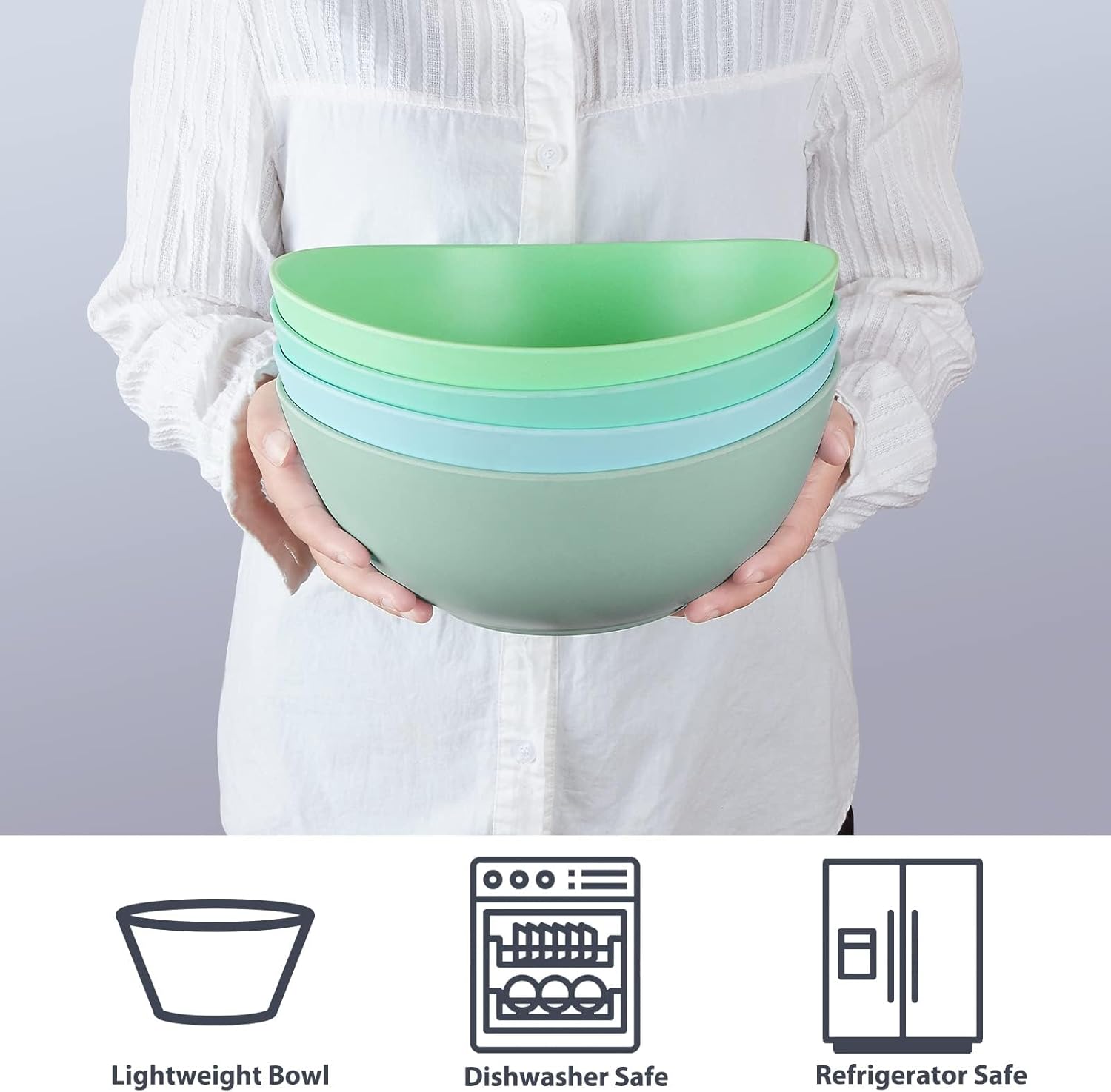 9.6'' Serving Bowls, Bamboo Fiber Salad Bowls Set of 4, 2.6Qt/84 Ounce, Large Bowls for Kitchen,Curvy Shape Big Deep Bowl for Salad,Vegetable,Fruit,Cereal, Lightweight & Easy to Clean(Multi Turquoise)