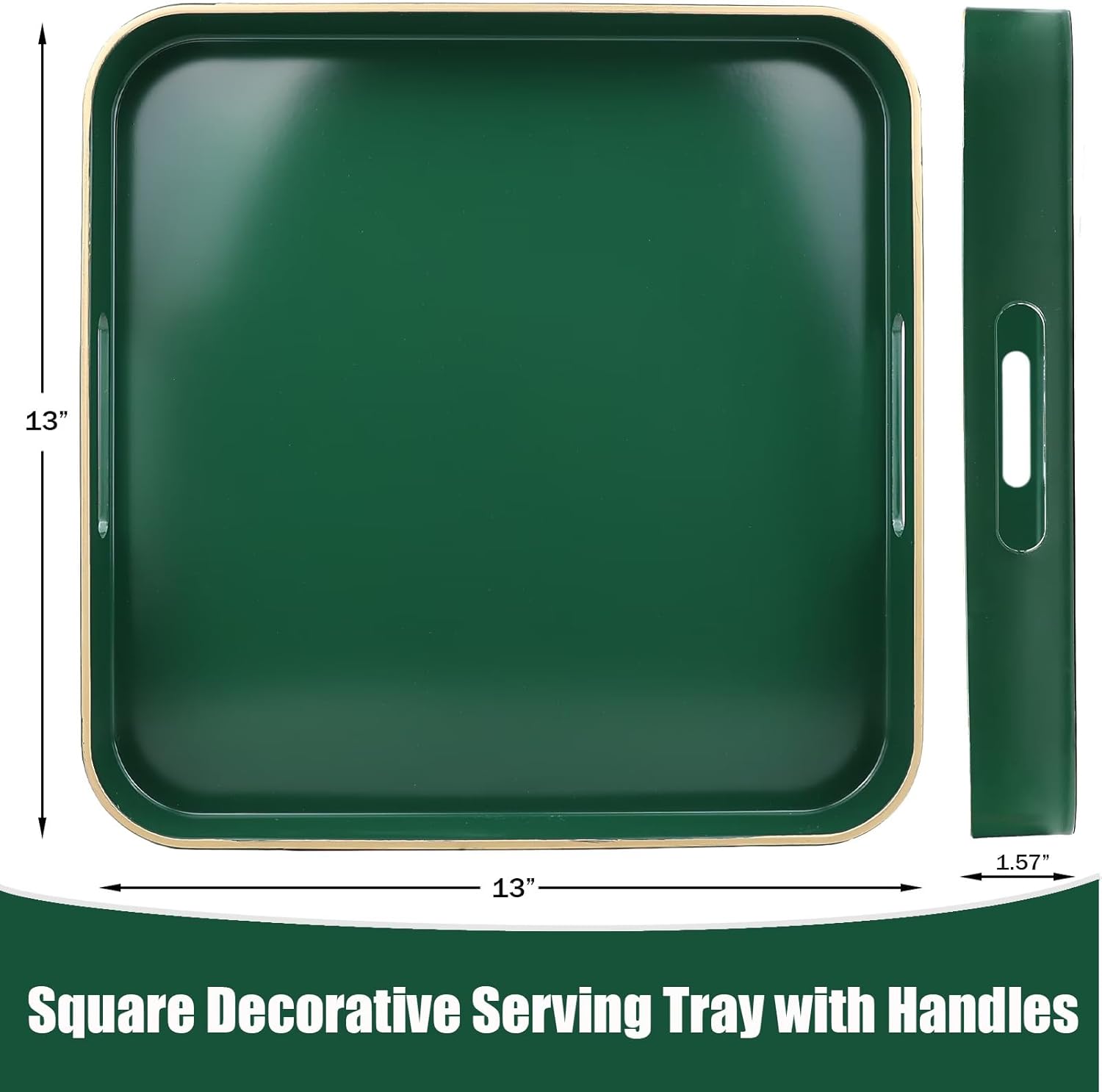 Green Square Decorative Tray with Handles, 13"*13" Versatile Serving Tray for Coffee Table, Ottoman, Ideal for Serving, Displaying, Organizing